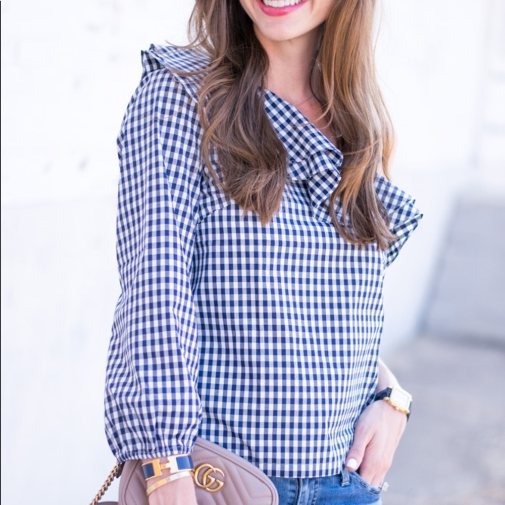 J.CREW Gingham One Shoulder Sleeve Ruffle Top